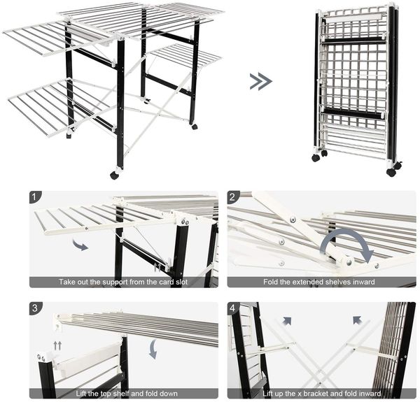 Todeco - Klappbarer Kleiderbügel, Klappbarer Wäscheständer - Material: Edelstahl - Größe der großen klappbaren Seitengitter: 49,0 x 43,2 cm (x 4 Teile) - 174 x 105 x 84 cm, Schwarz/Weiß Bild 4