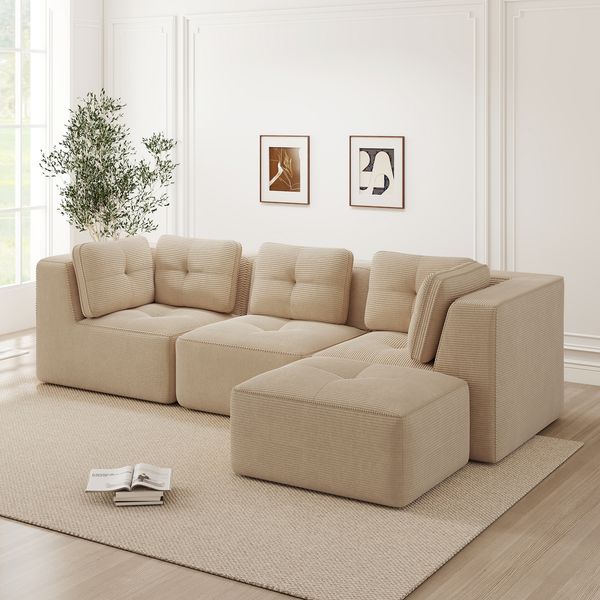 3-Sitzer Sofa 297x177x69 cm aus Cordstoff rahmenlos modular mit Ottomane, beige