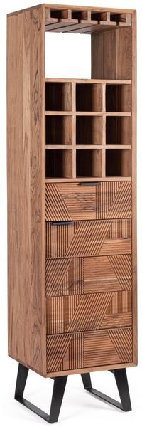 Barschrank Rasil aus Akazienholz, klassisch handgefertigt, natur, 180 cm hoch, mit Schnitzereien