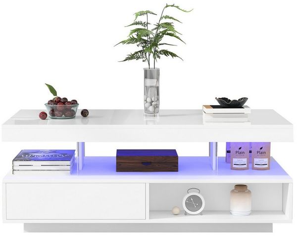 BlingBin Couchtisch Unterschrank im Wohnzimmer, Sofatisch Beistelltisch Tisch (1er Set, 1-St, mit 4 Glasplatten, 2 Schubladen und 2 offenen Fächern), Weißer Hochglanz Couchtisch 95 x 50 x 42,5 cm