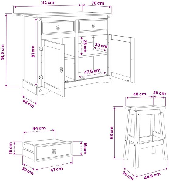 vidaXL Kücheninsel Set Corona 3 pcs Weiß und Honigwachs Massiv-Kiefer 3425399 Bild 9