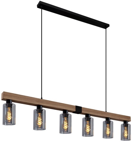 Hängeleuchte, Holzoptik, Glas rauch, Höhe anpassbar, H 120 cm