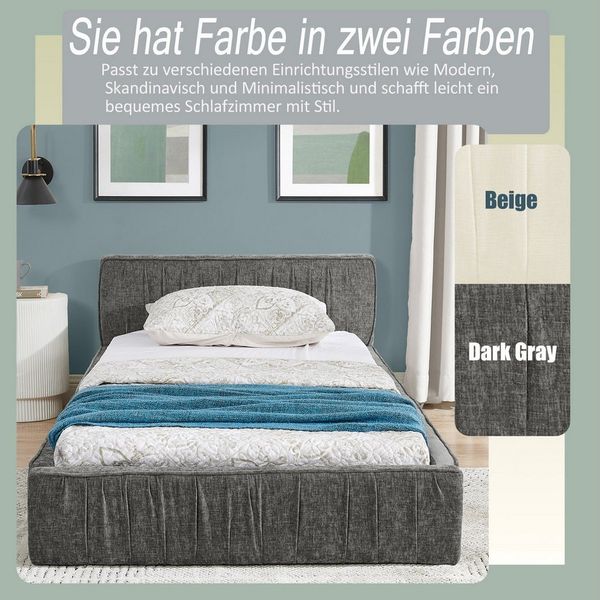 MODFU Polsterbett Polsterbett (Jugendbett mit Lattenrost, 1-tlg, 90*200cm, Chenille, ohne Matratze), Eukalyptusholz und Stabiler Eisenrahmen