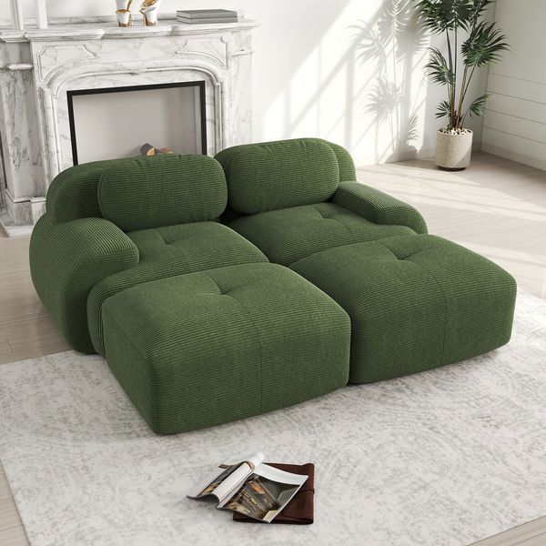 Ecksofa aus Cordstoff in Grün, rahmenlos, modular, mit 32D-Hochdichteschaum und rutschfester Unterseite,75x208x178 cm