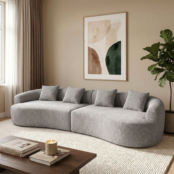 skølm 'Loki' Sofa 4 Sitzer, Vollschaumcouch mit Federkern und Vakuum-Kompression, kein Aufbau erforderlich, mit 4 Kissen, Teddy-Bouclé-Stoff in grau