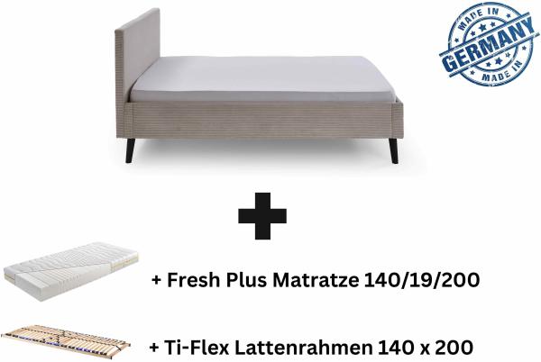 Polsterbett 140 x 200 Bettgestell Bett Doppelbett mit Kopfteil Beige Made in Germany inkl. Matratze / inkl. Lattenrahmen