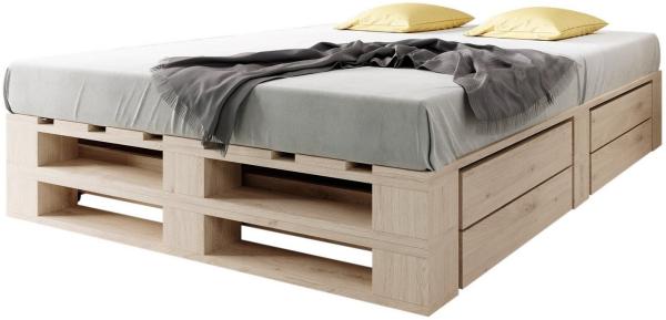 sunnypillow Palettenbett M2 aus Holz 140x200 cm mit Lattenrost und 2 Bettkästen. Doppelbett, Familienbett - erhöhtes Ehebett Bettgestell Futonbett Komforthöhe Naturholz Massivholzbett