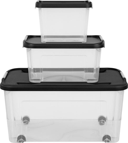 Tontarelli Aufbewahrungsboxen mit Deckel transparent/schwarz 3er-Set, 3 Größen
