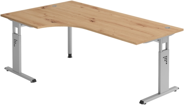 bümö höhenverstellbarer Eckschreibtisch O-Serie 200x120 cm in Asteiche, Gestell in Silber - Schreibtisch L Form, großer Tisch für's Büro, Computertisch höhenverstellbar, OS-82-R-S