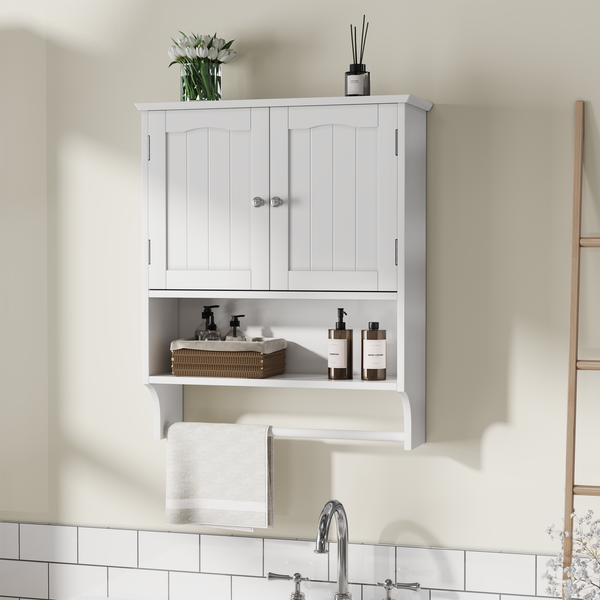 Badezimmer-Wandschrank 56,8 x 19 x 70 cm aus MDF, Weiß, mit Handtuchhalter & verstellbaren Einlegeböden