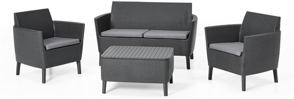 Dmora Loungeset für draußen Whitby, Outdoor-Lounge mit Couchtisch, Terrassenset mit Kissen, 133x67 h76 cm, Anthrazit