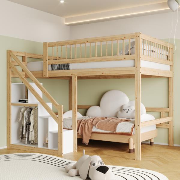 Merax Hochbett Massivholz Doppelbett Kinderbett 140x200cm mit Stauraumtreppe, holzfarbe