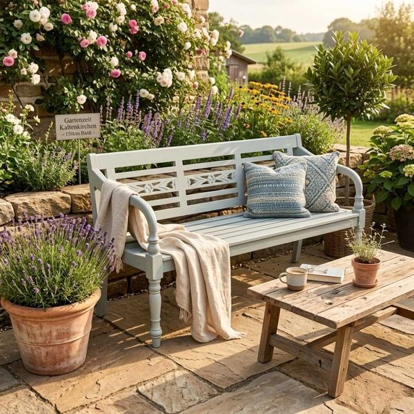 Sitzbank CHRISTOS Antique-Grey 150cm Mahagoni Holzbank Shabby-Look Handarbeit