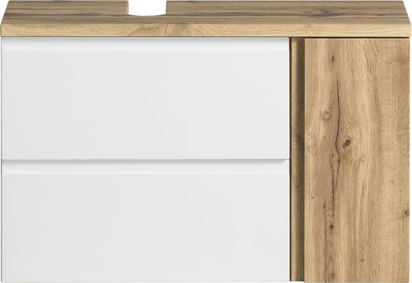 Waschbeckenunterschrank >Paris< in weiß, Wotaneiche, MDF - 85x54x35cm (BxHxT)