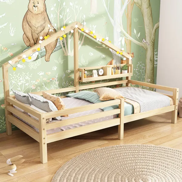 Kinderbett, Hausbett mit Rausfallschutz, Lattenrost und Regal, 90x200 cm, Einzelbett, Holzbett