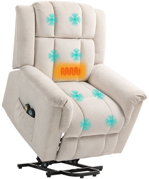 HOMCOM Relaxsessel mit Aufstehhilfe Heizung Liegefunktion, Breite Rückenlehne (Massagesessel, 1-St, TV Sessel), TV Sessel mit Fußteil, 2 Seitentaschen für Wohnzimmer Beige