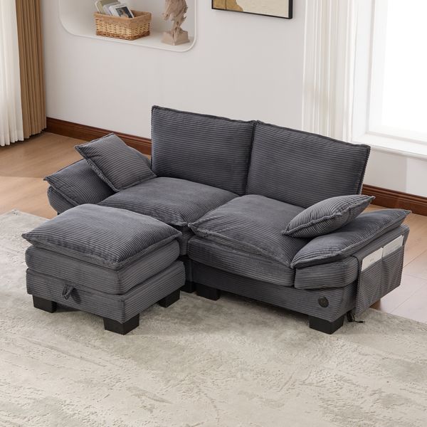 Sofa 2-Sitzer 190x132x84 cm in Dunkelgrau, Corduroy mit Hocker, USB-C, Seitentaschen und Stauraum