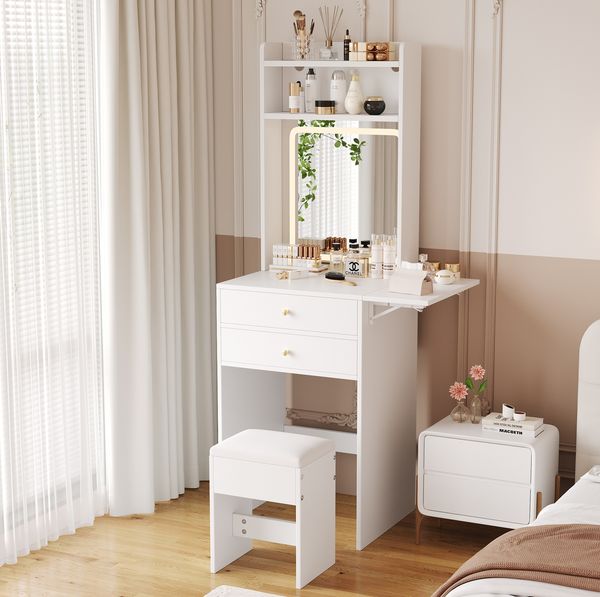 Schminktisch 75 x 45 x 156 cm aus MDF in Weiß, mit klappbarer Tischplatte und LED-Beleuchtung