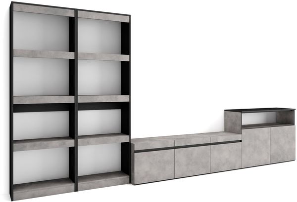 Skraut Home | Wohnwand Wohnzimmer | Wohnzimmermöbel, Möbelset | 370 x 186 x 35 cm | Für TV-Geräte bis zu 65" | Wohnzimmer Möbel | Moderner Stil | Zement