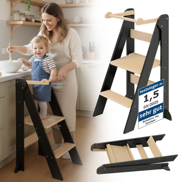 Bellabino 'Tay' Lernturm für Kinder ab 1 Jahr, Tritt 2-fach höhenverstellbar, natur/grau, Birke Sperrholz, klappbar, Tritthocker bis 50 kg belastbar