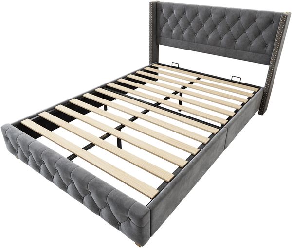Polsterbett 140×190 cm im Chesterfield-Stil mit Nieten, Samtbezug in Grau, ohne Matratze Bild 5