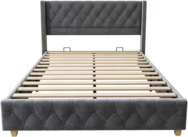 Polsterbett 140×190 cm im Chesterfield-Stil mit Nieten, Samtbezug in Grau, ohne Matratze Bild 4