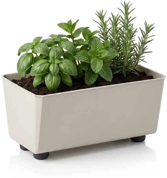 Lamela Rechteckiger Pflanzkasten mit eleganten Füßen – Beigefarbener Blumenkübel aus robustem Kunststoff 28,5x17 cm, 4,2L – Wetterfest & Pflegeleicht - für Innen & Außen, Beige