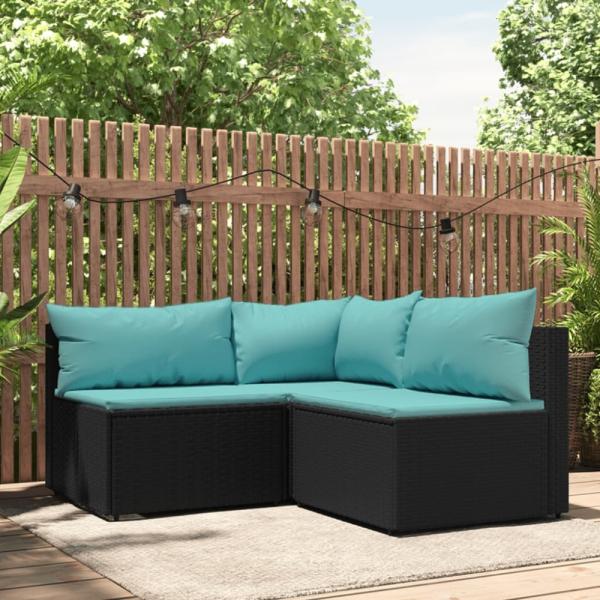 vidaXL 3-tlg. Garten-Lounge-Set mit Kissen Schwarz Poly Rattan 319796