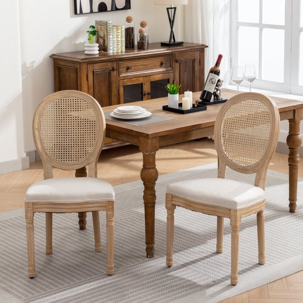 Esszimmerstuhl Set aus 2, mit Rattanrückenlehne, Leinenbezug & Massivholzgestell, Beige