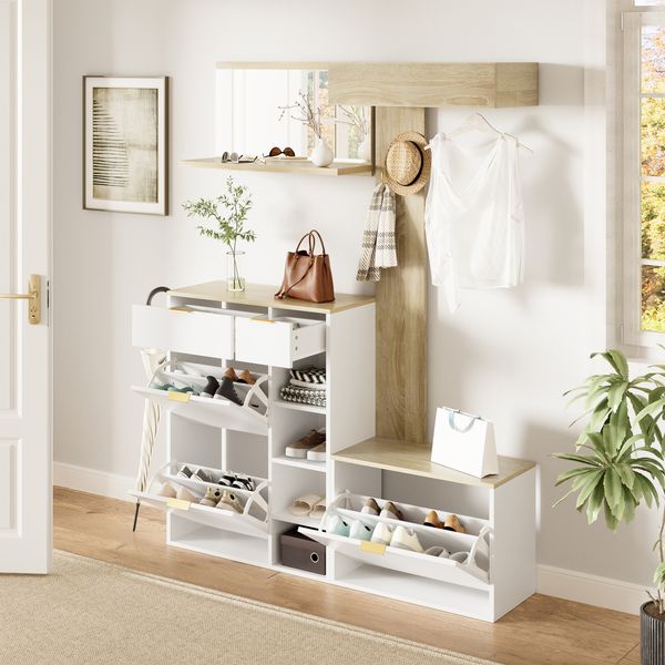 Merax Garderoben-Set, Flurgarderoben-Set 4-teilig: mit Schuhschrank, Bank, Wandspiegel & Garderobentafel – Komplettes Wandgarderoben-Set mit Ablage