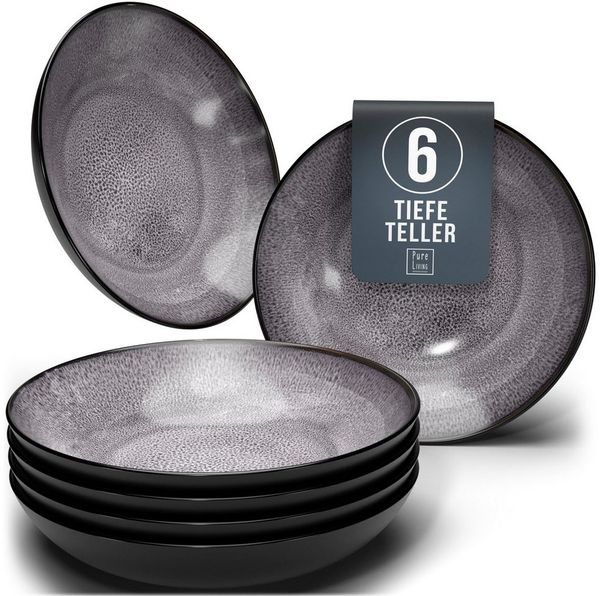 Steingut Suppenteller 6 Pers. Ibiza Hochwertiges Mediterranes TEST SEHR GUT Steingut Tiefe Teller Set - Kratzfest, Für Spülmaschine, Mikrowelle - Pasta Teller Tief Groß - Pure Living Geschirr in Grau