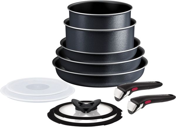 Tefal Topf-Set Ingenio So'Light, Topf und Pfannenset abnehmbarer Griff, stapelbar, Aluminium (Set, 11-tlg, 3x Pfannen 22/24/28cm, 2x Kasserollen 18/20cm, 4x Deckel, 2x Griffe), Light Tech Technology, platzsparend, induktionsgeeignet, L72393