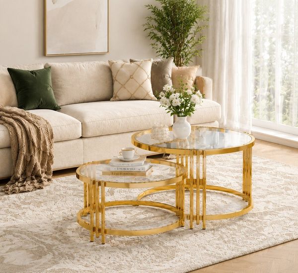 HAUSS SPOLE Couchtisch 2er runder Kaffeetisch Nestingtische mit Metallgestell & Glasplatte (Rundtisch-Set mit unterer Ablagefläche und Metallgestell, Titan-goldfarbene Metallkonstruktion mit luxuriöser Ausstrahlung), Wohnzimmertisch-Set mit Glasplatte