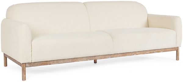 Sofa Roitini aus Bouclè-Stoff, skandinavischer Stil, cremefarben, Eschenholz-Gestell, 3–4 Sitzplätze