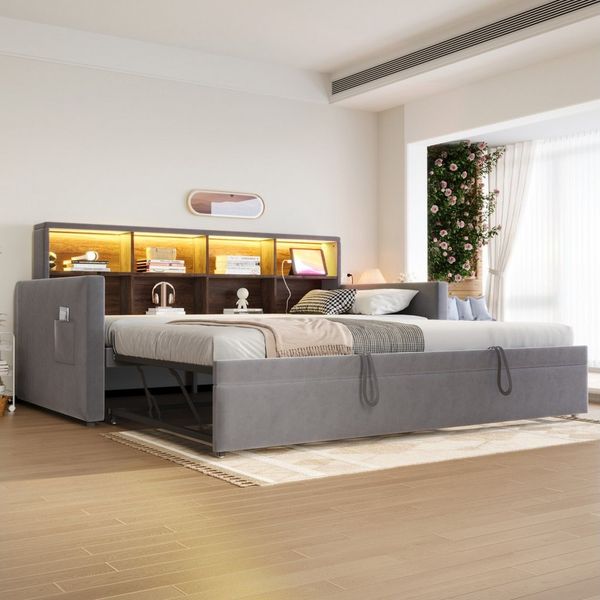 Flieks Daybett, LED Polsterbett 90/180x190cm mit Ausziehbett, Staufächern und Aufladen