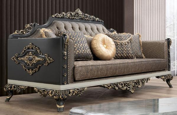 Casa Padrino Luxus Barock Sofa Blau / Gold / Grau / Weiß / Gold - Prunkvolles Wohnzimmer Sofa mit elegantem Muster - Barock Wohnzimmer Möbel