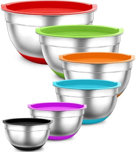 TEAMFAR Rührschüssel 6er-Set Edelstahl Salatschüssel Luftdichten Deckel 0.7L
