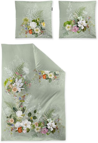 Irisette Wave Mako-Satin Bettwäsche 155x220 Rosen Blüten grün 8711-30