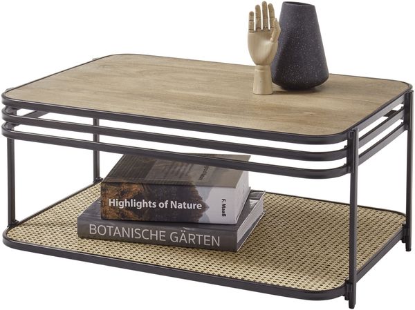 Couchtisch >Bomi< Mango massiv / Metall schwarz / Wiener Geflecht - 92x40x60cm (BxHxT)