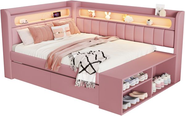 Gepolstertes Schlafsofa 90x200cm mit USB-Anschluss und LED-Lichtleiste, inklusive Schuhschrank und zwei Schubladen, Rosa