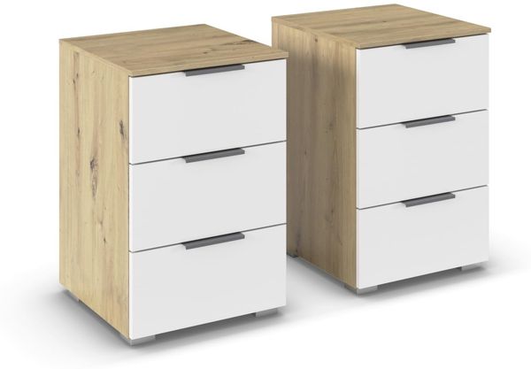 Rauch Möbel Alabama, Nachttisch-Paar für Schlafzimmer, Kinderzimmer, Gästezimmer, mit je 3 Schubladen, Soft-Close-Funktion, Farbe Weiß/Eiche Artisan, Holz, Griff Grau metallic, Maße 40 x 61 x 42 cm