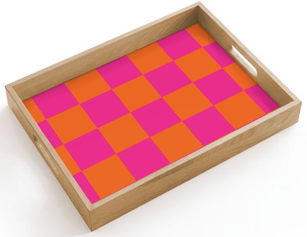 OnlyWow Tablett Rechteckig mit Henkel Schachbrettmuster - Orange - Rosa - Blöcke, Eichenholz, (1-tlg), Siervierplatte, Tray, Frühstücksbrett