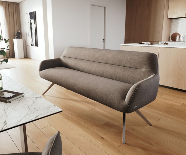 Esszimmerbank Taya-Flex 200 cm Strukturstoff Soft Taupe Kreuzgestell kantig Edelstahl Taschenfederkern