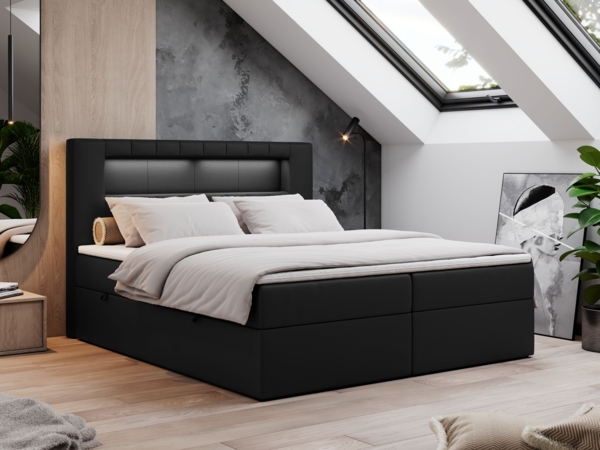 Boxspringbett - Polsterbett mit LED Kopfteil - GOLD-5 - 160x200cm - Schwarz Kunstleder - H3