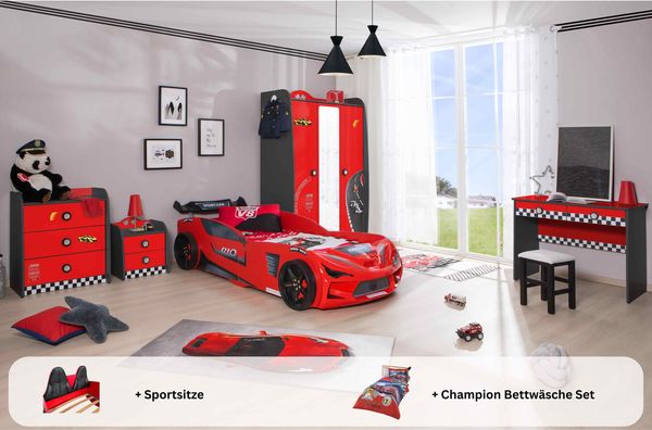 Kinderzimmer komplett Set mit Autobett Rio 5 teilig Rot