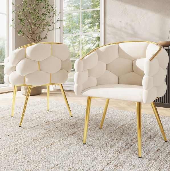 2 Samtstühle Set, 44x41x74 cm, Beige mit vergoldeten Beinen, Bubble Design