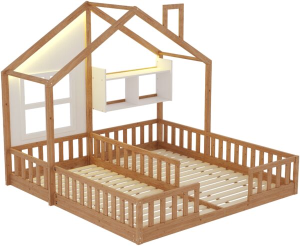 Merax Kinderbett 90 × 200 cm, Freistehendes Doppelbett, Hausdesign Mit Fenstern und Schornstein, Mit LED-Beleuchtung, Sicherheitsgeländer und Ablageflächen, komplett Mit Lattenrost, Holzfarbe Bild 9