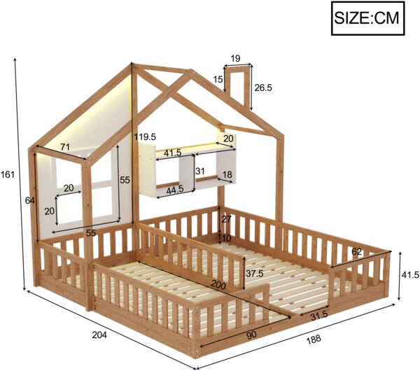 Merax Kinderbett 90 × 200 cm, Freistehendes Doppelbett, Hausdesign Mit Fenstern und Schornstein, Mit LED-Beleuchtung, Sicherheitsgeländer und Ablageflächen, komplett Mit Lattenrost, Holzfarbe Bild 4
