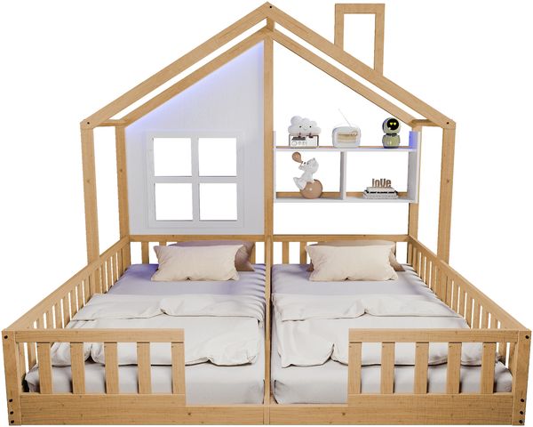 Merax Kinderbett 90 × 200 cm, Freistehendes Doppelbett, Hausdesign Mit Fenstern und Schornstein, Mit LED-Beleuchtung, Sicherheitsgeländer und Ablageflächen, komplett Mit Lattenrost, Holzfarbe Bild 10
