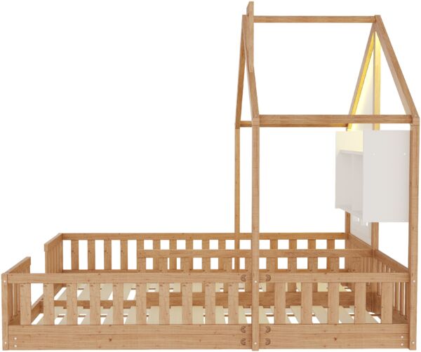 Merax Kinderbett 90 × 200 cm, Freistehendes Doppelbett, Hausdesign Mit Fenstern und Schornstein, Mit LED-Beleuchtung, Sicherheitsgeländer und Ablageflächen, komplett Mit Lattenrost, Holzfarbe Bild 7